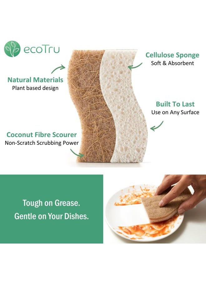 ecoTru 6 Pack Natural Kitchen Sponges, Compostable White Cellulose & Organic Coconut Scrubber Sponge for Washing Dishes, Kind Eco Friendly Non-Scratch & Biodegradable Dish Sponges - Image 2