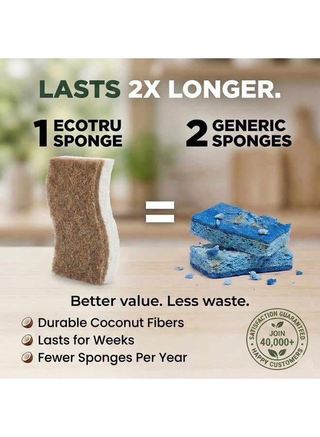 ecoTru 6 Pack Natural Kitchen Sponges, Compostable White Cellulose & Organic Coconut Scrubber Sponge for Washing Dishes, Kind Eco Friendly Non-Scratch & Biodegradable Dish Sponges - Image 3