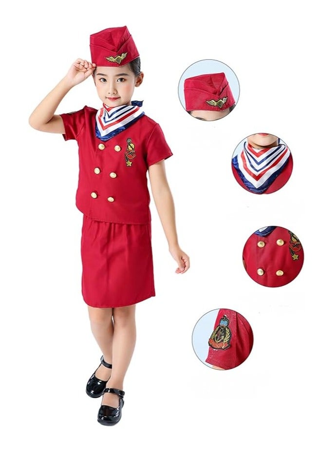 Sparklepals 4 Piece Set of Children's Red Pilot Clothing, Flight Attendant Tops, Skirts, Hats, Scarves, Suitable for Role Playing and Themed Parties, Various Holiday Performance Halloween Costumes for Girls - Image 1