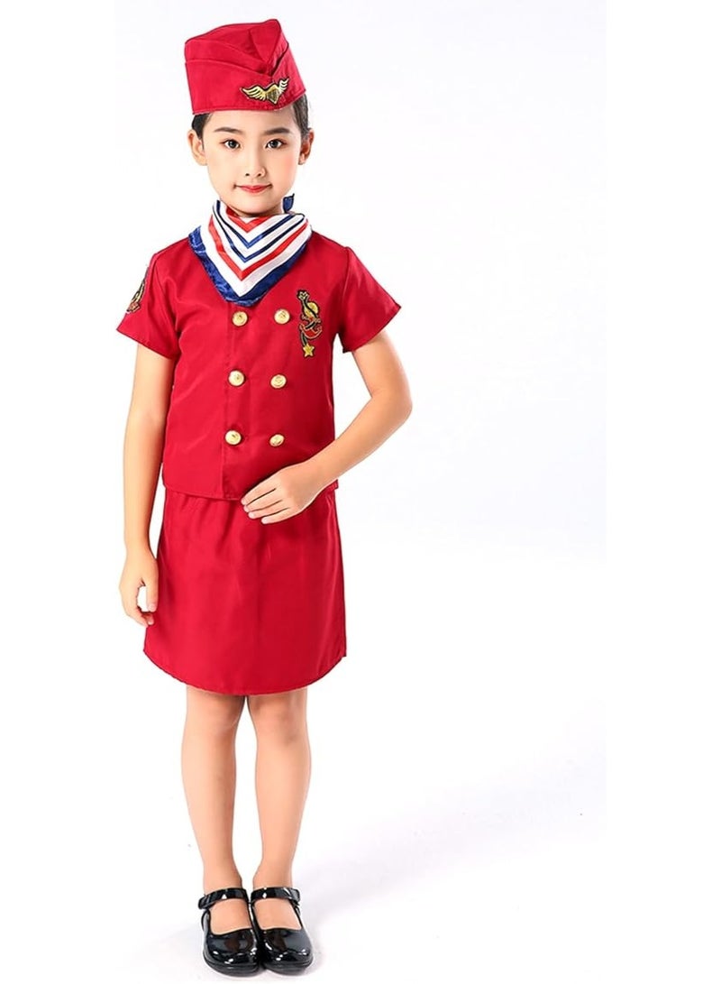 Sparklepals 4 Piece Set of Children's Red Pilot Clothing, Flight Attendant Tops, Skirts, Hats, Scarves, Suitable for Role Playing and Themed Parties, Various Holiday Performance Halloween Costumes for Girls - Image 2