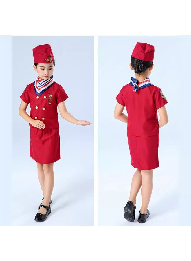 Sparklepals 4 Piece Set of Children's Red Pilot Clothing, Flight Attendant Tops, Skirts, Hats, Scarves, Suitable for Role Playing and Themed Parties, Various Holiday Performance Halloween Costumes for Girls - Image 3