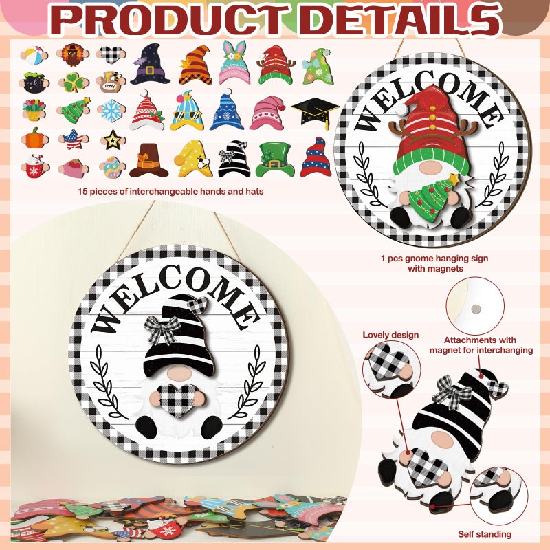 Qunclay Interchangeable Wooden Gnome Decor Holiday Seasonal Gnome Decorations with Magnet Pieces and Detachable Hats Changeable Welcome Sign for Home(Black and White Checkered Style) - Image 4