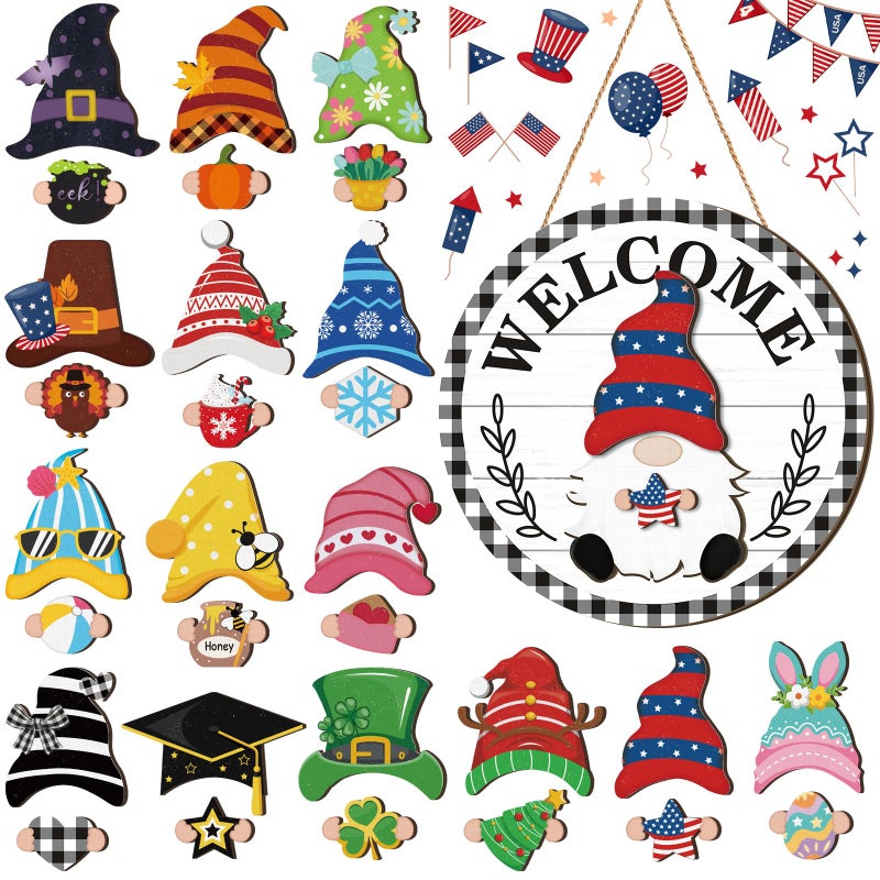 Qunclay Interchangeable Wooden Gnome Decor Holiday Seasonal Gnome Decorations with Magnet Pieces and Detachable Hats Changeable Welcome Sign for Home(Black and White Checkered Style) - Image 1