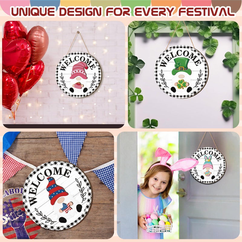 Qunclay Interchangeable Wooden Gnome Decor Holiday Seasonal Gnome Decorations with Magnet Pieces and Detachable Hats Changeable Welcome Sign for Home(Black and White Checkered Style) - Image 2