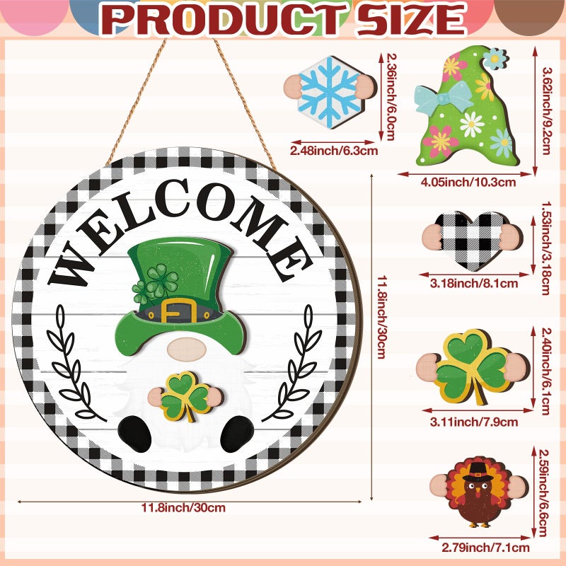 Qunclay Interchangeable Wooden Gnome Decor Holiday Seasonal Gnome Decorations with Magnet Pieces and Detachable Hats Changeable Welcome Sign for Home(Black and White Checkered Style) - Image 3