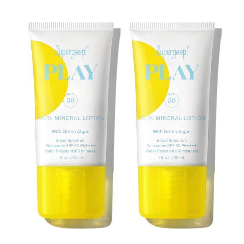 Supergoop! Supergoop PLAY 100 Mineral Lotion  1 fl oz Pack of 2  Broad Spectrum SPF 50 Sunscreen for Face  Body  Lightweight Fast Absorbing Water Resistant  With Green Algae