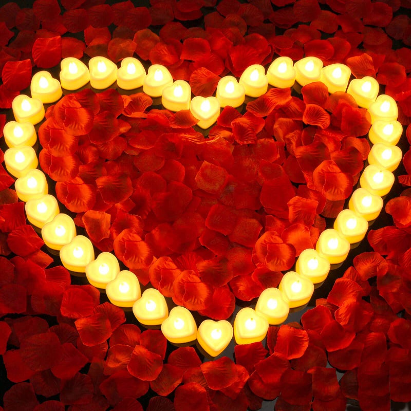 Caffox 3000Pcs Rose Petals with 36Pcs LED Tea Lights Candles Rose Petals for Romantic Night for Her Set Romantic Decorations for Special Night Valentines Day Wedding Anniversary Decorations