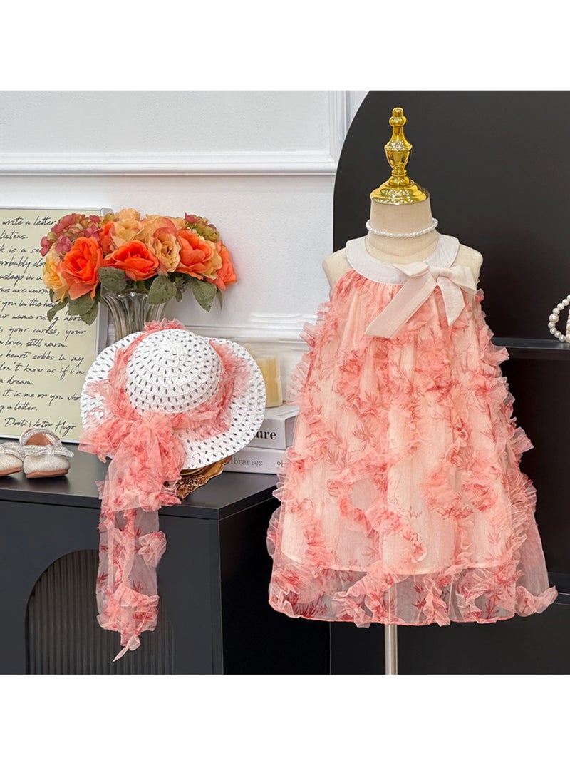 2–3Y Toddler Girl Summer Outfit – Pink Tulle Princess Dress with Matching Hat | Puff Sleeve Baby Girl Dress for Birthday, Eid, Beach & Park | Height 90–100 cm - Image 1