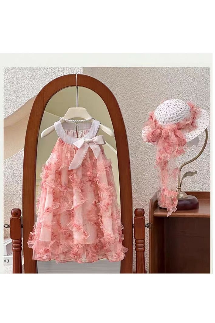 2–3Y Toddler Girl Summer Outfit – Pink Tulle Princess Dress with Matching Hat | Puff Sleeve Baby Girl Dress for Birthday, Eid, Beach & Park | Height 90–100 cm - Image 3