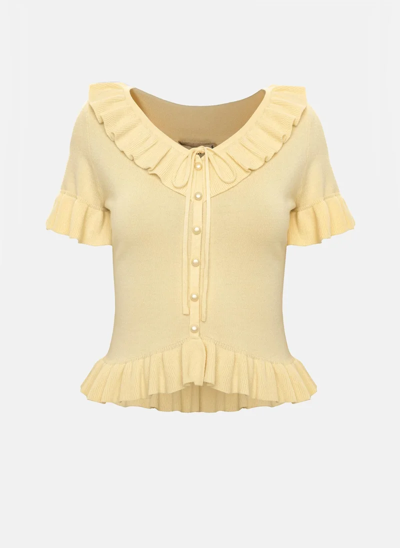 Lichi Smooth-knit cardigan with short sleeves and ruffles