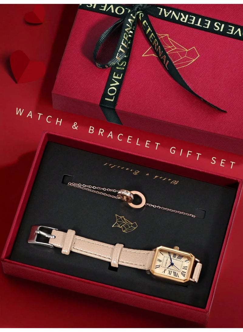 Women’s Accessory Set – Elegant Gold Watch and Bracelet Presented in a Luxurious Red Gift Box, Perfect for Gifting on Birthdays, Anniversaries, and Valentine’s Day