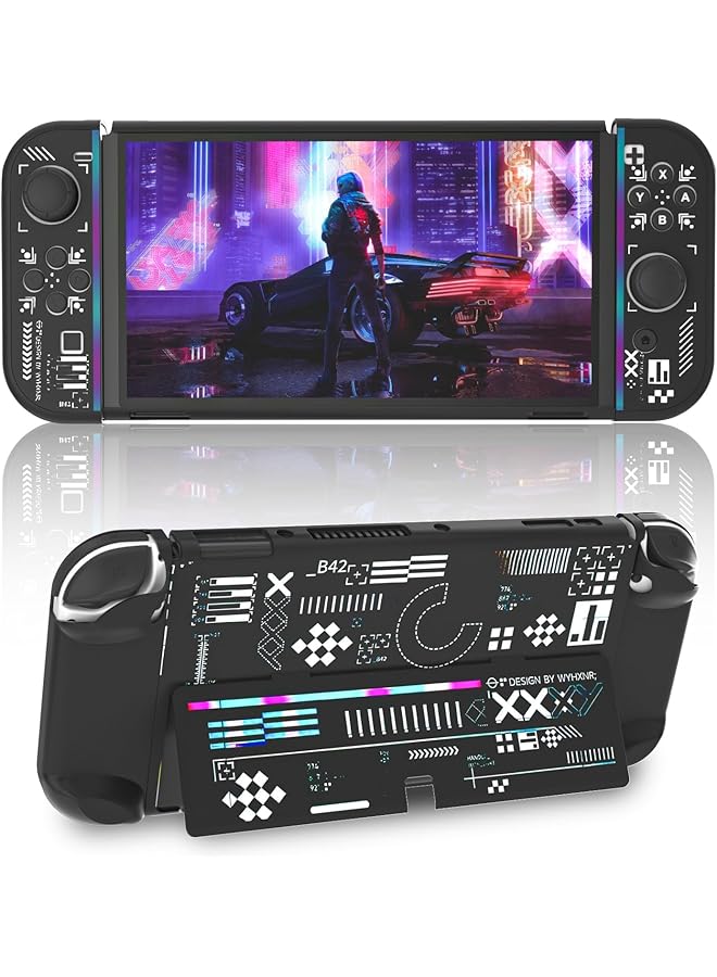Excefore Protective Case Compatible With Nintendo Switch Oled Cool Printstream Hard Black Cover Case With Thumb Grip Caps And Screen Protector Shockproof Anti Scratch Protector For Ns Oled Model Black - Image 1