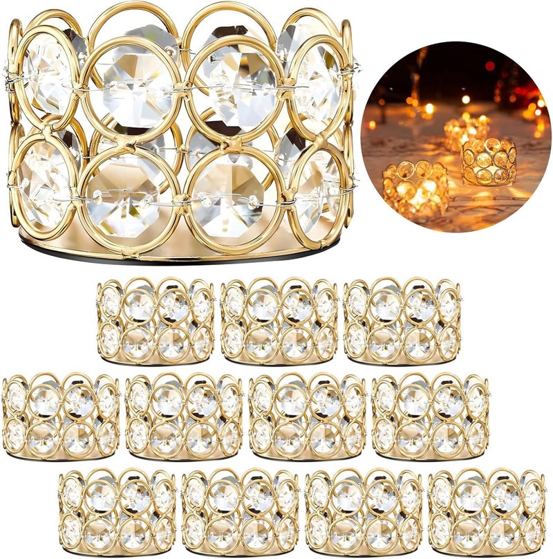 12 Pcs Crystal Tealight Holders with Gold Frame & Sparkly Rhinestones, Elegant Centerpieces for Table Decoration, Party & Weddings - Image 2