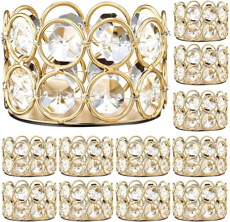 12 Pcs Crystal Tealight Holders with Gold Frame & Sparkly Rhinestones, Elegant Centerpieces for Table Decoration, Party & Weddings - Image 1