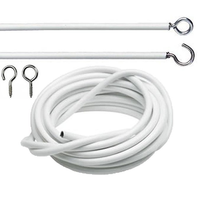 WHITE CURTAIN WIRE HANGING CORD WITH SELFADHESIVE HOOK AND EYES FOR NET CURTAIN RODS 4 METER
