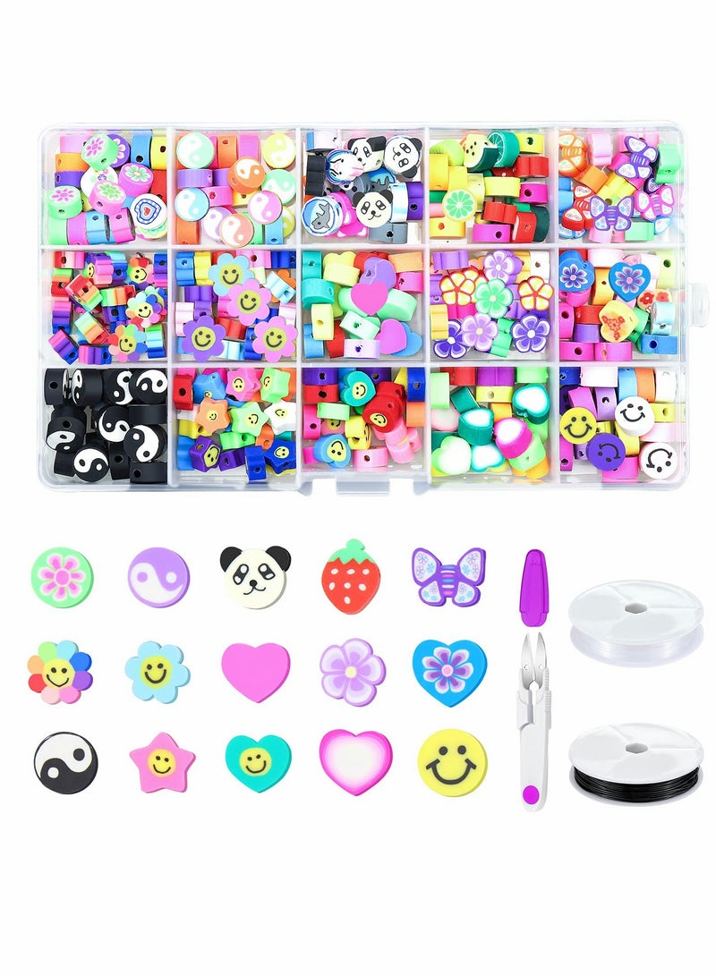 Excefore 300 Pcs Beads Set, 10mm 15 Styles Polymer Clay Spacer Beads Cartoon Fruit Flower Theme with 2 Roll Elastic Strings & Scissorsfor DIY Handmade Jewelry Making - Image 1