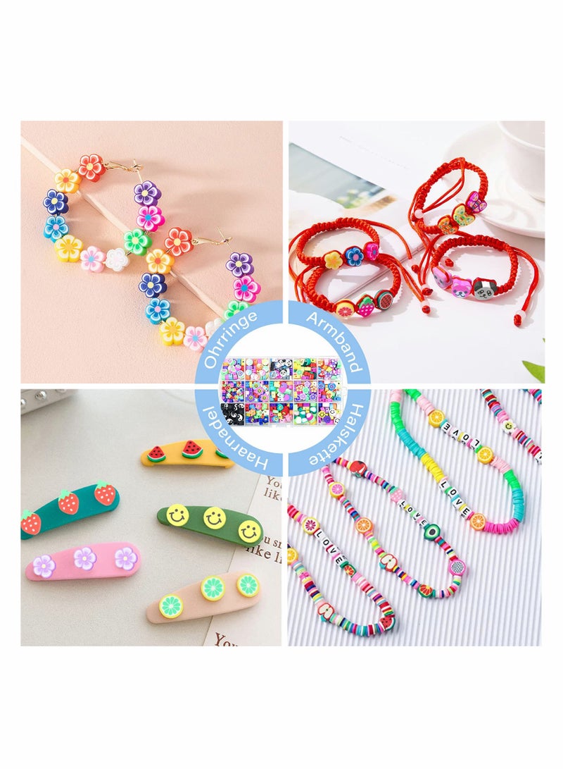 Excefore 300 Pcs Beads Set, 10mm 15 Styles Polymer Clay Spacer Beads Cartoon Fruit Flower Theme with 2 Roll Elastic Strings & Scissorsfor DIY Handmade Jewelry Making - Image 4