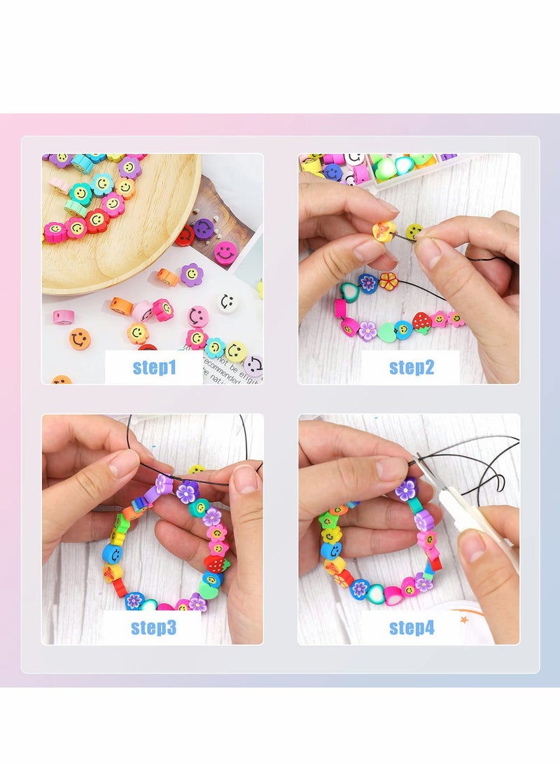Excefore 300 Pcs Beads Set, 10mm 15 Styles Polymer Clay Spacer Beads Cartoon Fruit Flower Theme with 2 Roll Elastic Strings & Scissorsfor DIY Handmade Jewelry Making - Image 3