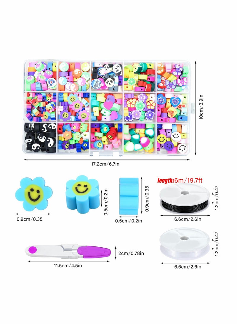 Excefore 300 Pcs Beads Set, 10mm 15 Styles Polymer Clay Spacer Beads Cartoon Fruit Flower Theme with 2 Roll Elastic Strings & Scissorsfor DIY Handmade Jewelry Making - Image 5
