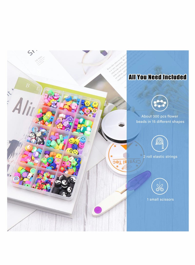 Excefore 300 Pcs Beads Set, 10mm 15 Styles Polymer Clay Spacer Beads Cartoon Fruit Flower Theme with 2 Roll Elastic Strings & Scissorsfor DIY Handmade Jewelry Making - Image 2