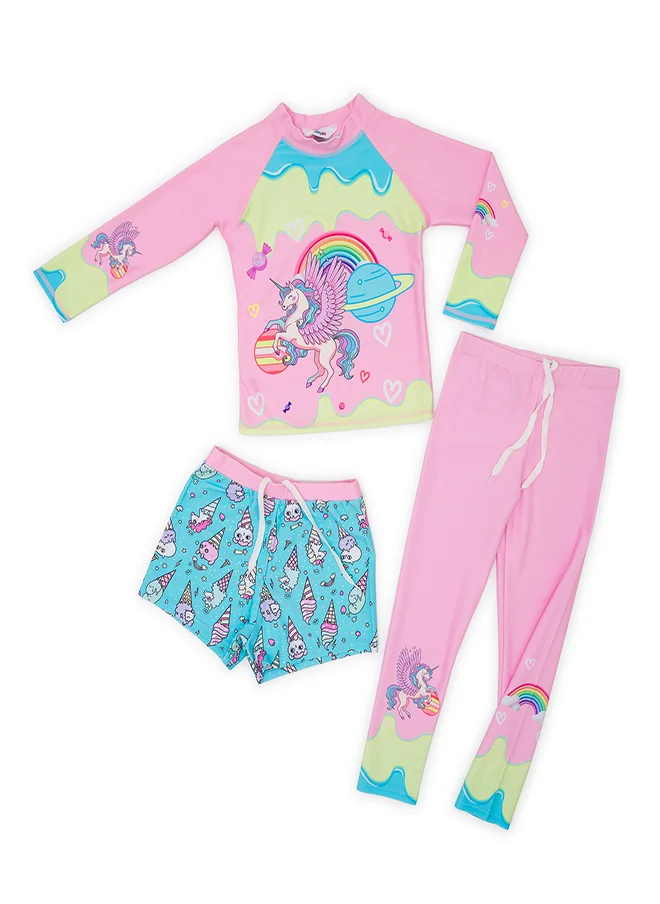 babyqlo Three-Piece Unicorn Print Swimwear Set for Girls