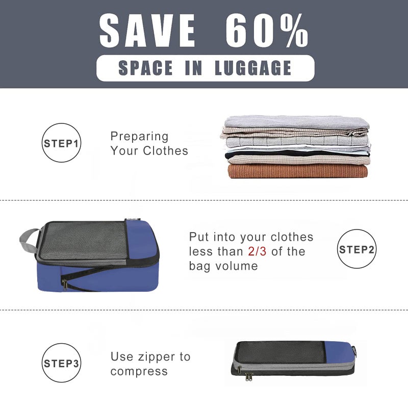 BAGAIL مجموعة BAGAIL 4 / 6 مجموعات من مكعبات التعبئة المضغوطة ملحقات السفر منظم التعبئة القابل للتوسيع (مجموعة 6 نصف شبكي أزرق) - Image 5