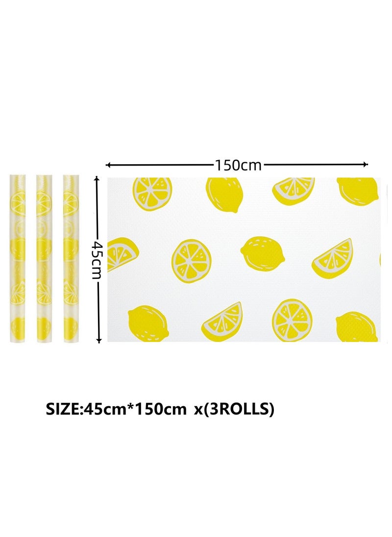 Shelf Liner 45*150cm(x3rolls) for Kitchen Cabinets Non Adhesive Drawer Liner EVA Refrigerator Liners Waterproof Durable Drawer Mats Non Slip Cabinet Liners for Shelves(lemon)