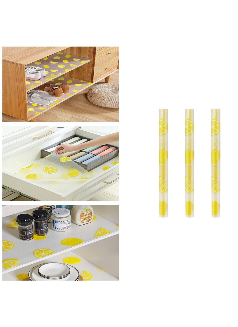 Shelf Liner 45*150cm(x3rolls) for Kitchen Cabinets Non Adhesive Drawer Liner EVA Refrigerator Liners Waterproof Durable Drawer Mats Non Slip Cabinet Liners for Shelves(lemon)