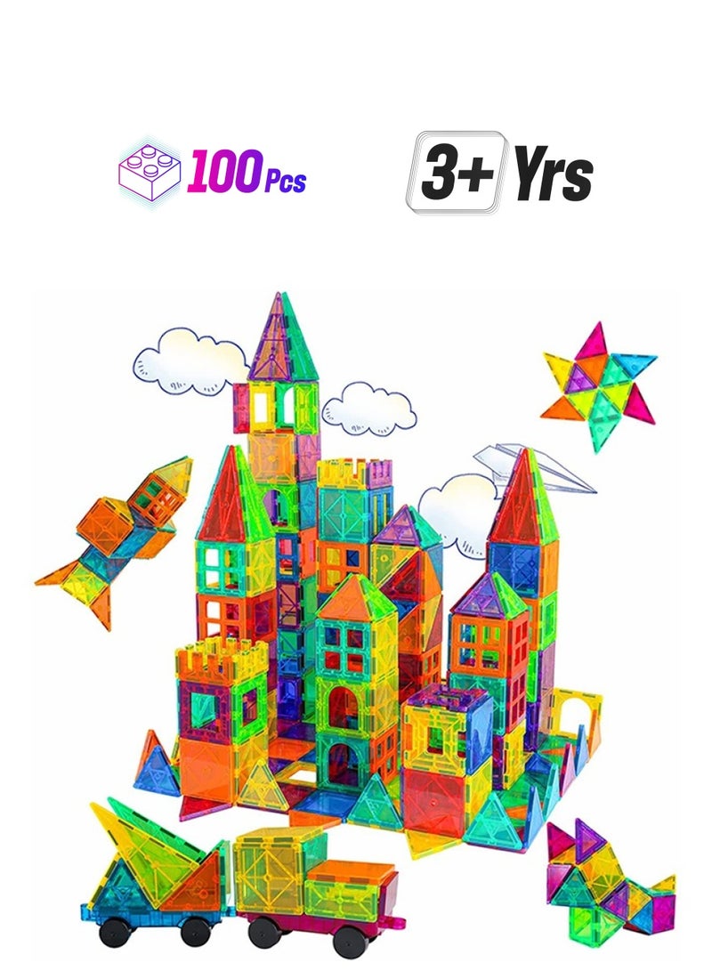 Loquat Magnetic Building Blocks, 100pcs Kids Magnetic Tiles Building Sets, 3D  Building Blocks Construction Educational STEM Toys Gifts for Toddlers Boys Girls 3 4 5 6 7 8 9 10 + Year Old - Image 1