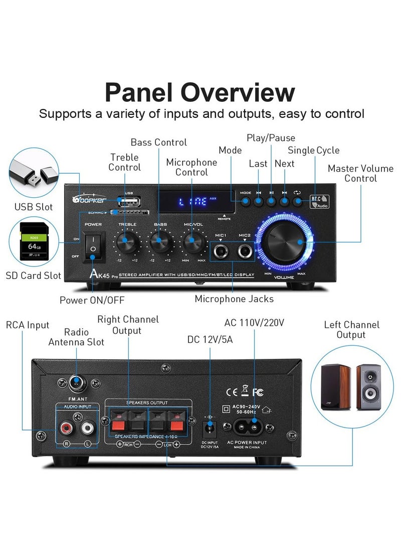 AL RAID AK45 Pro Home Audio Amplifier Receivers with Bluetooth 5.0-2 Channel 30W Power Home Theater Stereo with USB, SD, FM, 2 Mic in,Stereo Audio Amplifier Receivers for Studio,Home,Karaoke - Image 2