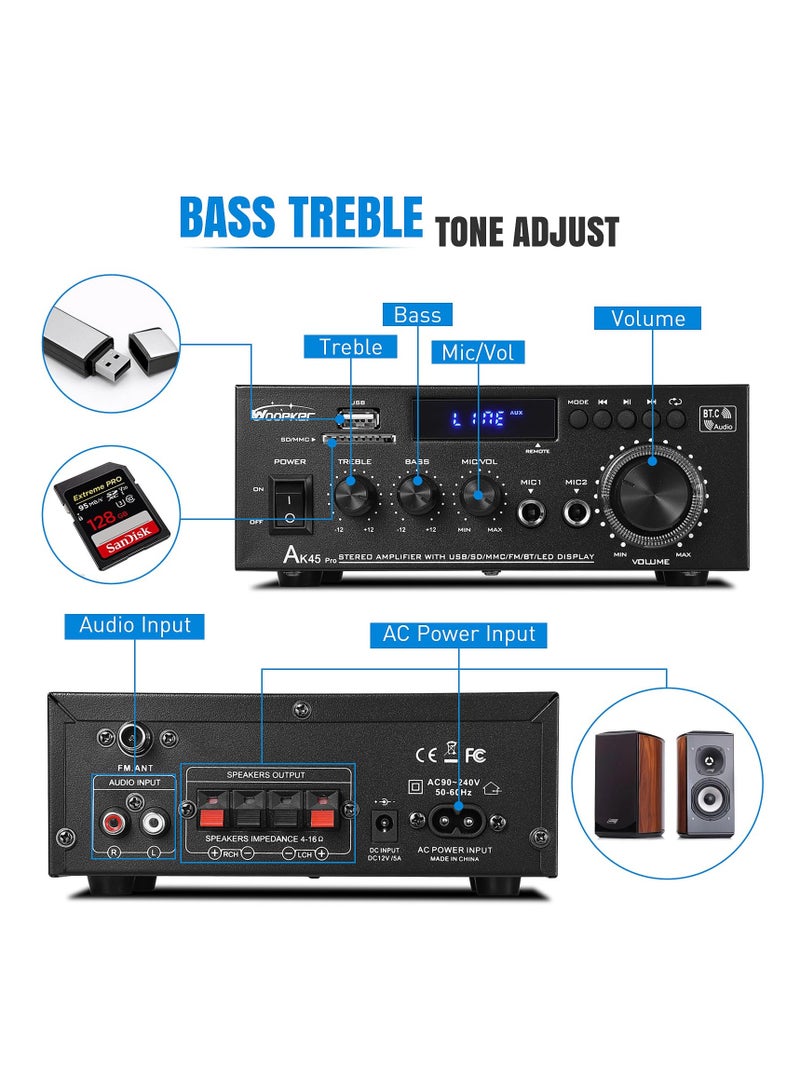 AL RAID AK45 Pro Home Audio Amplifier Receivers with Bluetooth 5.0-2 Channel 30W Power Home Theater Stereo with USB, SD, FM, 2 Mic in,Stereo Audio Amplifier Receivers for Studio,Home,Karaoke - Image 4