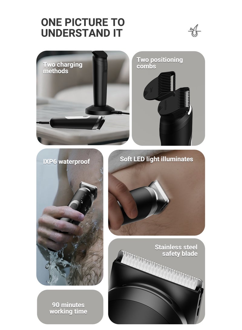 CLIPCLEAN Groin & Body Hair Trimmer for Men, Electric Pubic Hair Trimmer Shaver for Private Parts, Replaceable Waterproof Wet/Dry Groomer with Dual-Blades, Wireless Charging - Image 3