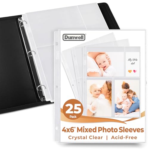 Dunwell Photo Sleeves for 3-Ring Binder, (4x6 Mixed Format, 25 Pack) for 150 Pictures, Each Photo Page Sheet Holds Six 4 x 6 Pictures or Postcards, Acid-Free Poly 4x6 Album Refill Pages - Image 1