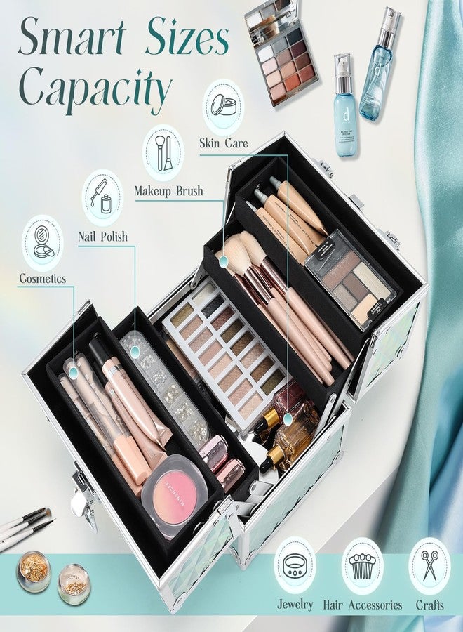 FRENESSA Makeup Case Portable Train Case Cosmetic Organizer cases 4 Trays Travel Storage Box with Lockable Key Hard Metal Make up Artist Train Box Craft Nail Kits Tools Shiny Blue - Image 2