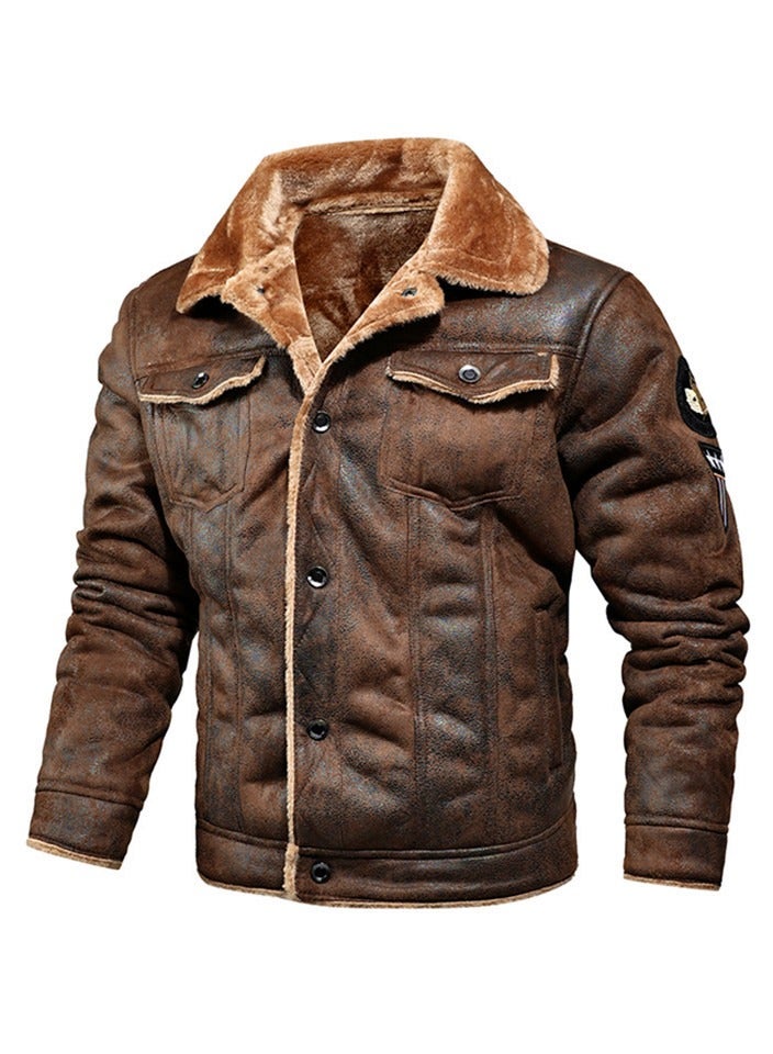 Men's Side Seam Pocket Lapel Faux Fur Slim Fitting Jacket Brown - Image 1