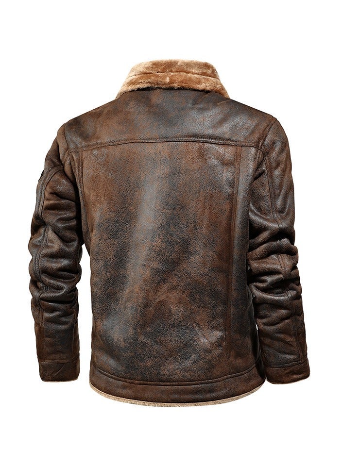 Men's Side Seam Pocket Lapel Faux Fur Slim Fitting Jacket Brown - Image 2