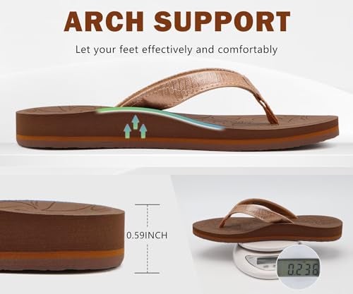 ONCAI Women's Flip Flops Comfortable Summer Beach Thong Sandals for Women 2025 with Cushion Walking Arch Support Yoga Mat Indoor Outdoor Soles Brown Size 7 - Image 4