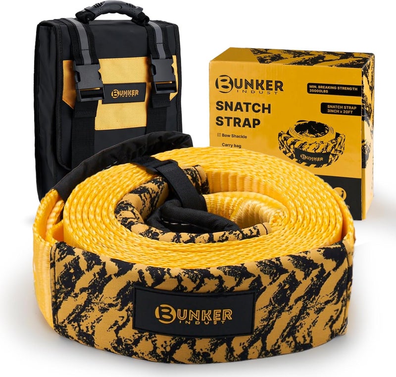 BUNKER INDUST مجموعة إنقاذ BUNKER INDUST لحبل الجر الثقيل مع حقيبة، حزام ونش لحماية الأشجار مقاس 3 بوصة × 20 قدم، أحزمة إنقاذ بقوة 35,000 رطل - حبل جر مركبات الطرق الوعرة للطوارئ - Image 1