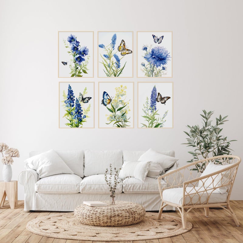 LIIGEMI Set of 6 Vintage Floral Wall Art,Purple and Blue Flower Poster with Butterfly,Plant Artwork Wall DÃ©cor Posters for Living Room Bedroom Aesthetic,Wall Pictures Decor (8"x11" Unframed) - Image 3