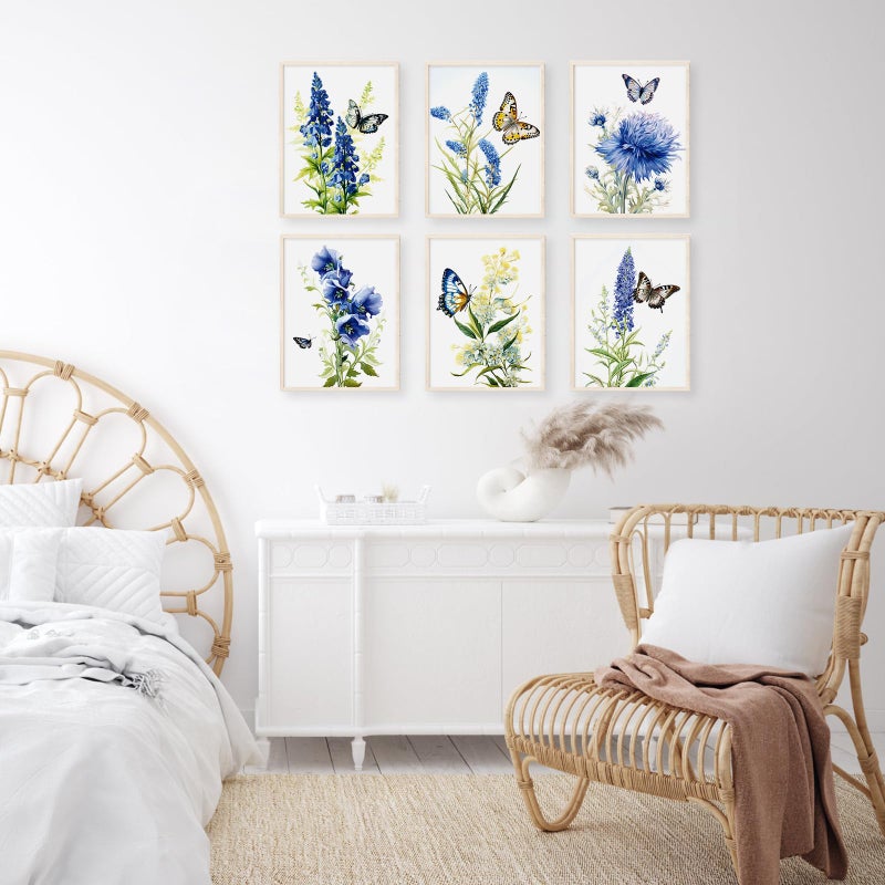 LIIGEMI Set of 6 Vintage Floral Wall Art,Purple and Blue Flower Poster with Butterfly,Plant Artwork Wall DÃ©cor Posters for Living Room Bedroom Aesthetic,Wall Pictures Decor (8"x11" Unframed) - Image 2