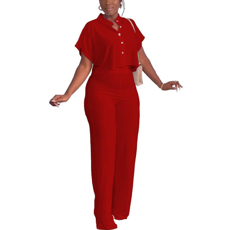 HBQ Women's Summer 2 Piece Outfits Casual Tracksuit Short Sleeve Button Down Crop Top Wide Leg Long Pant Lounge Sets-XL-Red - Image 5