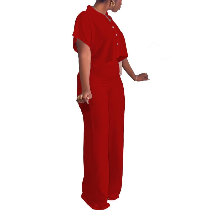 HBQ Women's Summer 2 Piece Outfits Casual Tracksuit Short Sleeve Button Down Crop Top Wide Leg Long Pant Lounge Sets-XL-Red - Image 3