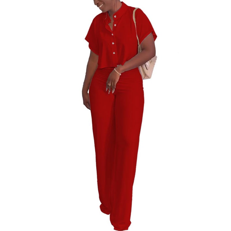 HBQ Women's Summer 2 Piece Outfits Casual Tracksuit Short Sleeve Button Down Crop Top Wide Leg Long Pant Lounge Sets-XL-Red - Image 2