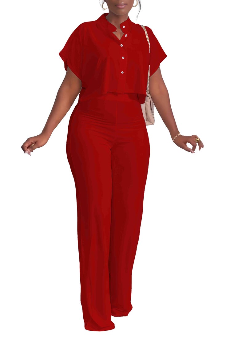 HBQ Women's Summer 2 Piece Outfits Casual Tracksuit Short Sleeve Button Down Crop Top Wide Leg Long Pant Lounge Sets-XL-Red - Image 1