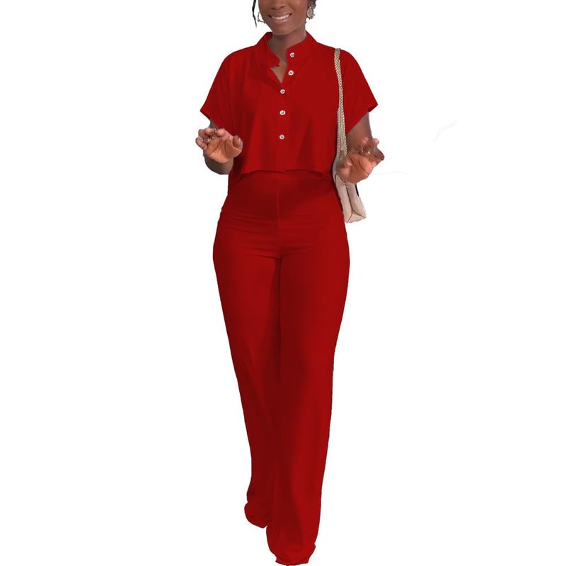 HBQ Women's Summer 2 Piece Outfits Casual Tracksuit Short Sleeve Button Down Crop Top Wide Leg Long Pant Lounge Sets-XL-Red - Image 4