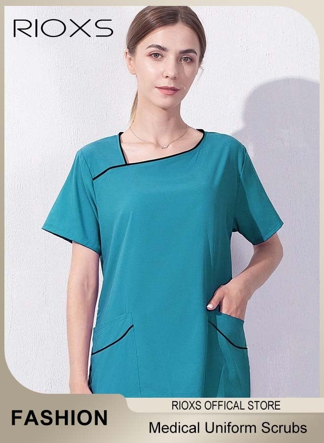 RIOXS Unisex Medical Uniform Scrubs, Stretch Medical Scrubs Set with Pockets for Men and Women, Short Sleeve Top and Long Pants, Lightweight Breathable Unconventional Collar Design Medical Uniform Scrub Set for Nurses/ Dental Assistants/ Students/ Doctors and Hospital Workers, Lake Blue - Image 2