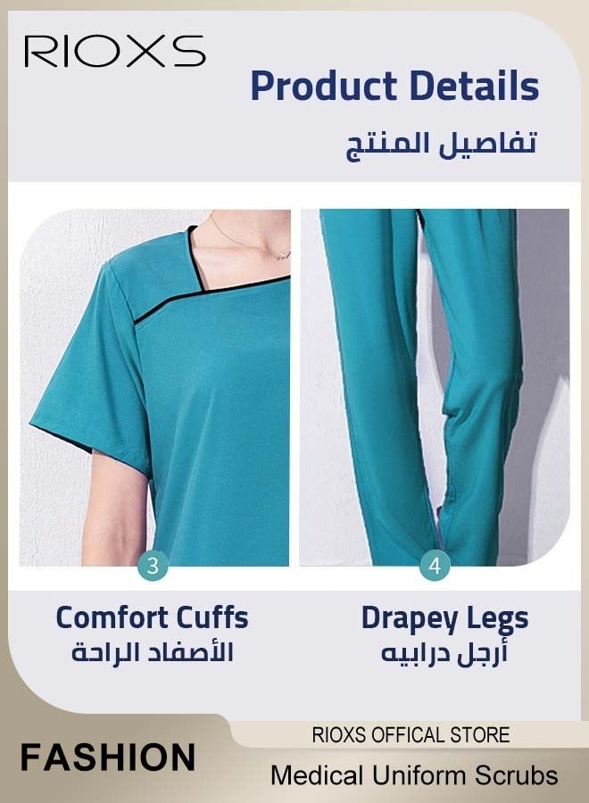 RIOXS Unisex Medical Uniform Scrubs, Stretch Medical Scrubs Set with Pockets for Men and Women, Short Sleeve Top and Long Pants, Lightweight Breathable Unconventional Collar Design Medical Uniform Scrub Set for Nurses/ Dental Assistants/ Students/ Doctors and Hospital Workers, Lake Blue - Image 4