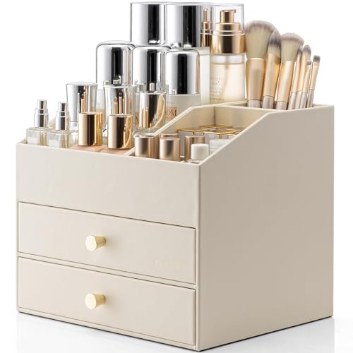 VLANDO Makeup Organizer for Vanity Skin Care Organizer with Drawers PU Leather Bathroom Countertop Cosmetic Storage for Lipstick Brushes Perfume Dresser and Dorm Room Organizer for Women Beige - Image 1