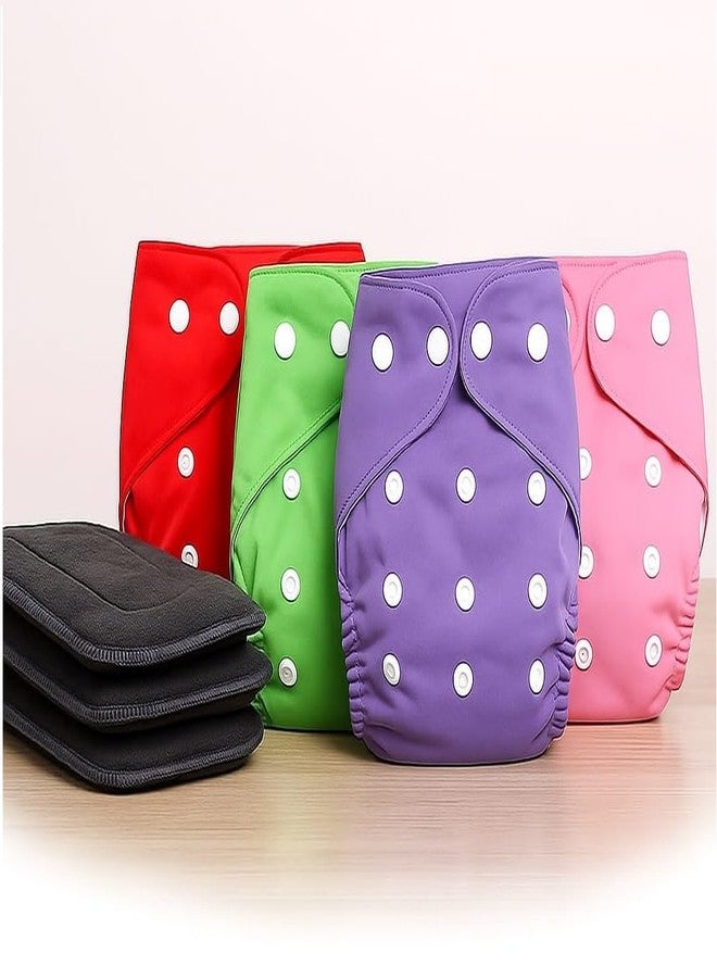 Kritiu Reusable Leakage-proof cotton cloth diapers for babies, high absorbent 4 reusable diaper 3 insert pad combo pack washable cloth diaper free size 3-15kg baby adjustable - Image 1