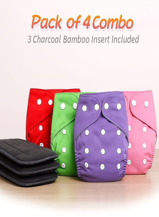 Kritiu Reusable Leakage-proof cotton cloth diapers for babies, high absorbent 4 reusable diaper 3 insert pad combo pack washable cloth diaper free size 3-15kg baby adjustable - Image 2